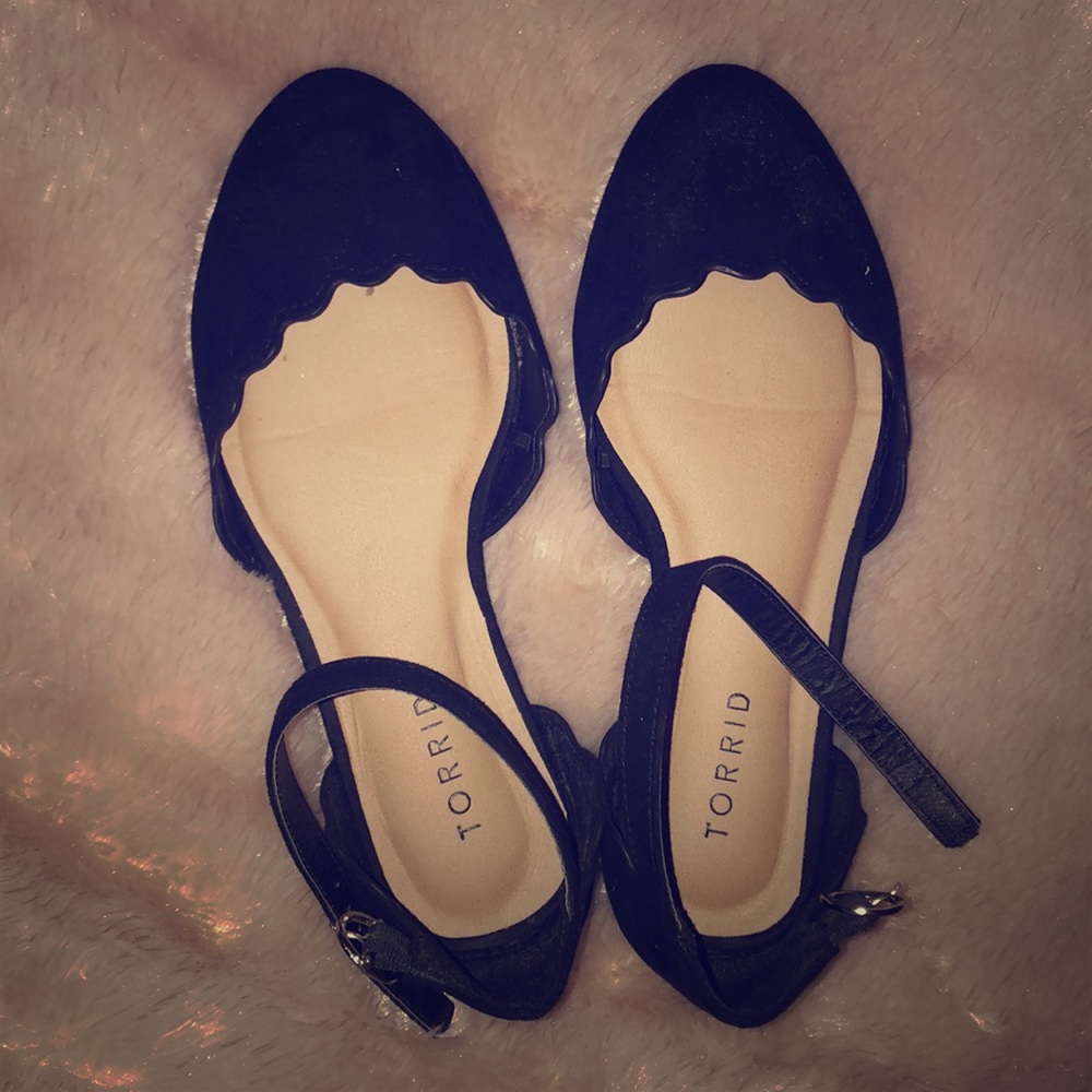 Black suede scallop ankle strap flats